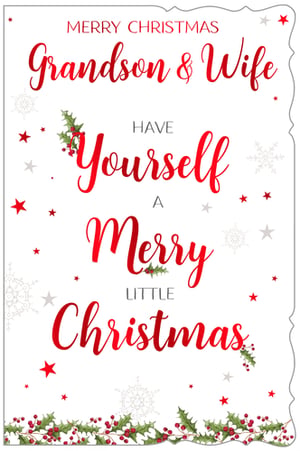 Send your warmest festive wishes to that special couple with our charming 'Grandson & Wife' Christmas card. This beautifully designed card features a classic Christmas message, 'Have Yourself A Merry Little Christmas', elegantly scripted in vibrant red. Adorned with traditional holly and berries, twinkling red and grey stars, and delicate snowflakes, it captures the true spirit of the season.

Perfect for retailers, this delightful card offers a heartfelt way for customers to connect with their loved ones. Each card is crafted with care, ensuring a premium feel. Available in a convenient pack of 6, these cards are an essential addition to your Christmas greeting card selection. Stock up now and bring a touch of festive cheer to your customers. Proudly supplied by Out of The Blue Studios Ltd.