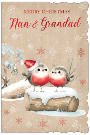 Bring a touch of festive cheer to your Christmas card selection with this adorable 'Nan & Grandad' card from Out of The Blue Studios Ltd.

Featuring two charming robins nestled on a snow-dusted log, one sporting a cute Santa hat, this card beautifully captures the warmth and joy of the season. The rustic background, adorned with delicate snowflakes, adds to its traditional appeal, making it perfect for sending heartfelt wishes to beloved grandparents. The sweet illustration and classic 'Merry Christmas' message ensure this card will stand out on any mantelpiece.

Available in a convenient pack of 6 (1x6), it's an ideal choice for retailers looking to offer a popular and endearing design this Christmas.