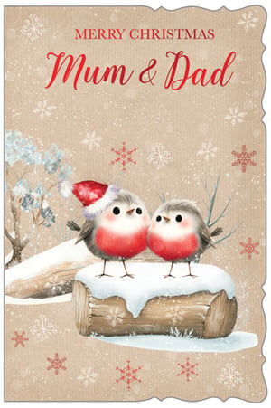 This delightful 'Mum & Dad' Christmas card from Out of The Blue Studios Ltd is sure to bring a smile this festive season. Featuring two charming robins, one wearing a sweet Santa hat, perched on a snow-covered log amidst a winter wonderland, it's a truly heartwarming design.

The rustic kraft paper background, adorned with a flurry of delicate snowflakes, adds a touch of traditional charm and quality. Perfect for customers looking for a special way to send festive greetings to their parents, this card beautifully captures the spirit of Christmas. Available in a convenient pack of 6, these cards are ready to help spread holiday cheer.
