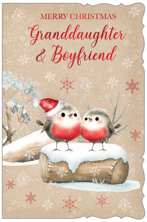 Introduce a truly heartwarming design to your Christmas card collection with our 'Granddaughter & Boyfriend' card, from Out of The Blue Studios Ltd. This charming card features two adorable robins, one wearing a festive Santa hat, perched sweetly on a snow-covered log. Against a rustic, textured background, delicate snowflakes fall, creating a serene winter scene that's perfect for spreading festive cheer. It's an ideal choice for customers looking to send warm wishes to a special granddaughter and her boyfriend. Available in a convenient pack size of 6, these cards are ready to brighten up any display.