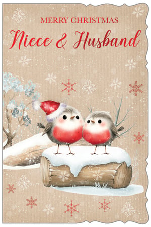 Add a sprinkle of festive cheer to your Christmas card range with this delightful 'Niece & Husband' card from Out of The Blue Studios Ltd. This charming design features two adorable robins, one wearing a cheerful Santa hat, nestled together on a snow-covered log. Set against a rustic kraft-style background with a flurry of snowflakes, it perfectly encapsulates the warmth and magic of the holiday season. It's a truly heartwarming choice for customers wanting to send special wishes to their Niece and her Husband. Available in a convenient pack size of 1x6, these cards are sure to be a popular addition to your seasonal offerings.