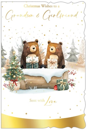 Offer your customers the perfect way to send festive cheer with our 'Grandson & Girlfriend' Christmas card. This delightful design features two adorable bears sharing presents in a magical, snowy forest, complete with a twinkling Christmas tree and golden accents. The warm "Sent with Love" message adds a personal touch, making it ideal for a special Grandson and his Girlfriend. Crafted with care, this charming card captures the joy of the season. Supplied by Out of The Blue Studios Ltd., each pack contains 6 cards, ready to brighten your seasonal display.