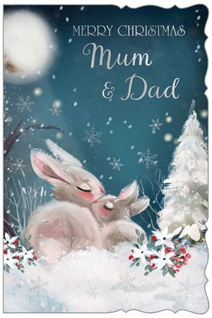 Send heartfelt festive wishes to Mum & Dad this Christmas with this utterly charming card. Featuring two adorable bunnies nestled together in a snowy wonderland, under a soft moonlit sky, it's a truly heartwarming scene. Delicate snowflakes and festive red berries add a touch of magic to this beautiful design. The perfect way for customers to show their love and appreciation to their parents during the holiday season. This 'Mum & Dad' Christmas card is supplied in a pack of 6. From Out of The Blue Studios Ltd.