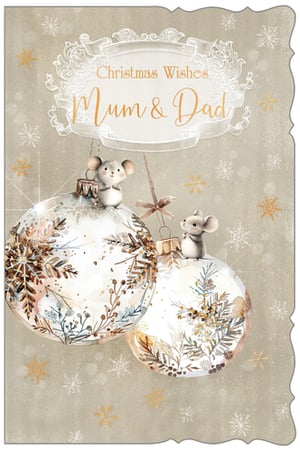 Offer your customers a truly heartwarming choice this festive season with our 'Mum & Dad' Christmas card, proudly presented by Out of The Blue Studios Ltd. This enchanting design features two adorable mice, delicately perched on beautifully illustrated baubles. Adorned with intricate watercolour foliage in soft, muted tones and sparkling snowflakes, the card exudes a gentle, rustic charm. The elegant 'Christmas Wishes Mum & Dad' message, framed exquisitely, makes it the perfect sentiment for parents. With its sweet characters and timeless appeal, this card is sure to be a popular pick. Available in a convenient pack of 6 for your retail needs.