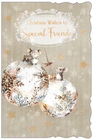 Share warm festive greetings with your customers' special friends this Christmas with our delightful 'Friends' card. This charming design features two adorable mice perched on beautifully decorated baubles, capturing the magic of the season. The elegant watercolour-style artwork showcases intricate winter foliage and delicate snowflakes against a soft, textured background.
With its heartfelt message, "Christmas Wishes to Special Friends," this card is perfect for conveying warm sentiments to those who matter most. Supplied by Out of The Blue Studios Ltd, each pack contains 6 cards, ready to add a touch of festive cheer and warmth to your retail offering.