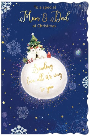 Introduce a touch of magic to your Christmas card collection with this adorable 'Mum & Dad' card from Out of The Blue Studios Ltd. It features two charming polar bears (or alpacas!) in Santa hats, nestled beside a festive Christmas tree on a snowy moon, all set against a beautiful starry night sky. Golden script conveys the message "To a special Mum & Dad at Christmas" and "Sending love all it's way To you," making it a wonderfully warm greeting. The whimsical design, complete with twinkling stars and delicate snowflakes, is sure to enchant. Available in a convenient pack of 6, it's an ideal choice for retailers seeking to offer a heartfelt and enchanting Christmas message.