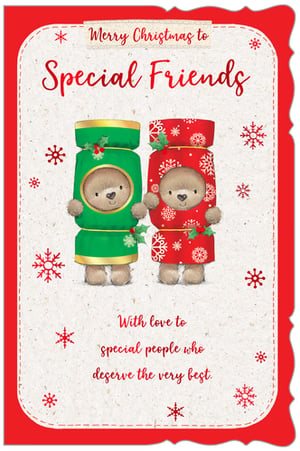 Spread festive cheer with our adorable 'Friends' Christmas card! This delightful design features two charming teddy bears, snuggled inside colourful Christmas crackers, ready to bring smiles. The heartwarming message, "Merry Christmas to Special Friends, With love to special people who deserve the very best," makes it the perfect choice for those closest to you. Adorned with delicate snowflakes and a cosy textured background, it's a truly memorable way to celebrate the season. Each pack contains 6 of these wonderful cards, ensuring you have plenty to share with all your special friends.
