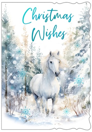 Send enchanting festive greetings with this beautiful 'Christmas Wishes' card. Featuring a majestic white horse gracefully emerging from a serene, snow-covered forest, this design captures the true magic of winter. Delicate snowflakes and sparkling accents add a touch of wonder to the tranquil scene, all rendered in a charming watercolour style. The elegant turquoise script wishes 'Christmas Wishes' to all. Perfect for sharing heartfelt messages with loved ones, this card evokes a sense of peace and natural beauty. A truly captivating design that stands out on any mantelpiece. Available in convenient packs of 6.