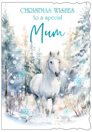 Send your Mum the most enchanting Christmas wishes this year with this beautiful card. Featuring a majestic white horse gracefully stepping through a sparkling, snowy winter wonderland, it's a truly magical design. Delicate blue snowflakes and shimmering details add to the festive charm, making it a perfect way to show your special Mum how much you care. This heartwarming card is sure to bring a smile to her face this festive season.