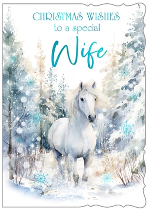 Offer your customers a truly special way to celebrate their wives this Christmas with our 'Wife' Christmas card from Out of The Blue Studios Ltd. This enchanting design features a graceful white horse in a tranquil, snow-covered forest, brought to life with a soft watercolour style. The festive message, "Christmas Wishes to a special Wife," is presented in elegant teal lettering, enhanced by delicate snowflakes and subtle sparkle details. It's a thoughtful choice for conveying heartfelt seasonal greetings. Supplied in convenient packs of 6, this beautiful card is an ideal addition to your Christmas card range, promising to appeal to those seeking a distinctive and memorable option for their loved ones.