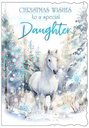 Capture the magic of Christmas with this enchanting card, designed especially for a special daughter. Featuring a majestic white horse gracefully stepping through a sparkling, snow-covered forest, this design from Out of The Blue Studios Ltd. evokes a serene winter wonderland. Delicate snowflakes and shimmering details add to its captivating charm, making it a truly beautiful way to send festive wishes. This heartwarming card is perfect for retailers seeking a visually stunning option for their Christmas collection. Supplied in a convenient pack of 6.