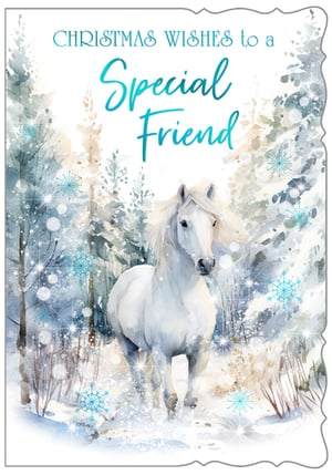 Send heartfelt Christmas wishes to a truly special female friend with this enchanting card. Adorned with a majestic white horse gracefully moving through a sparkling, snow-covered forest, this design beautifully captures the serene magic of winter. Delicate snowflakes and shimmering accents add a touch of festive wonder, making it a memorable greeting. The elegant watercolour artistry provides a warm and thoughtful way to convey your friendship during the holiday season. It's the perfect choice to let a dear friend know you're thinking of them this Christmas.