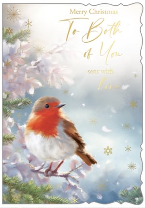 Introduce a heartwarming touch to your festive offerings with our 'To Both Of You' Christmas card. This enchanting design captures the serene beauty of winter, featuring a beloved robin nestled amongst snow-kissed branches. The elegant 'Merry Christmas To Both Of You sent with love' message, beautifully enhanced with shimmering gold foil, makes it an ideal choice for couples. Adorned with delicate gold snowflakes, this card exudes classic charm and quality. Supplied by Out of The Blue Studios Ltd, each pack contains 6 cards, ensuring you're well-stocked for the season. A truly delightful card for your customers.
