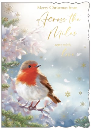 Send warm festive wishes across any distance with our beautiful 'Across The Miles' Christmas cards. This charming design features a beloved robin perched on a snow-dusted branch, evoking the true spirit of a winter wonderland. Delicate gold foil lettering spells out the heartfelt message, complemented by shimmering snowflakes that add a touch of festive elegance. The soft, painterly artwork and decorative scalloped edge create a truly special card, perfect for those wanting to connect with loved ones far away. Each pack contains 6 cards, ensuring you're ready to share joy this season. From Out of The Blue Studios Ltd., these cards are a delightful choice for your festive collection.