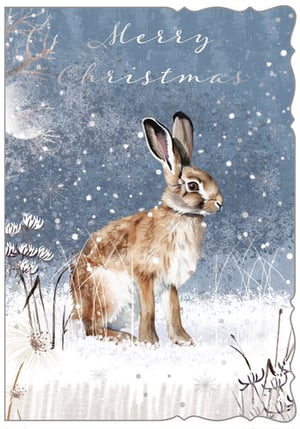 Capture the serene beauty of winter with our charming 'Open' Christmas card. This delightful design from Out of The Blue Studios Ltd. features a magnificent brown hare, its soft fur dusted with snow, sitting peacefully amidst a flurry of snowflakes under a gentle moon. The elegant 'Merry Christmas' message shimmers against the frosty blue backdrop, creating a truly magical scene. Perfect for customers seeking a heartfelt, nature-inspired greeting this festive season. Each pack contains 6 cards (1x6), ready to bring warmth and wonder to any display.