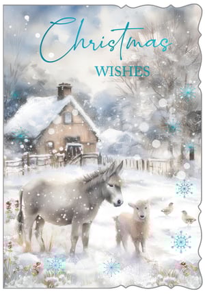 Send warm Christmas wishes with this lovely card from Out of The Blue Studios Ltd. It features a charming winter scene, where a gentle donkey and a sweet lamb stand peacefully in the snow. A cosy, snow-covered cottage is nestled in the background, adding to the picturesque setting. Falling snowflakes and delicate turquoise accents create a festive atmosphere. The message "Christmas WISHES" is beautifully presented, making this an appealing choice for spreading cheer. This "Open" card is available in a convenient pack size of 1x6.