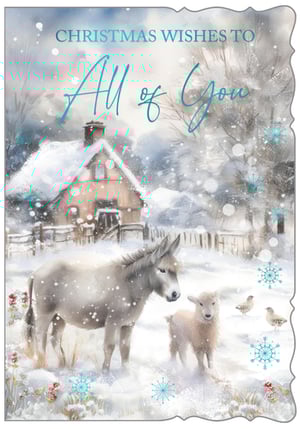 Bring a touch of heartwarming charm to your Christmas card selection with our 'To All Of You' design. This beautiful card from Out of The Blue Studios Ltd. captures the serene magic of a snowy winter's day, featuring an adorable donkey and a sweet lamb nestled in a picturesque, snow-covered landscape.
The gentle artistry and festive blue snowflake accents create a truly inviting scene. With its inclusive 'Christmas Wishes To All of You' message, this card is perfect for sending greetings to families, friends, or colleagues. Offer your customers a card that evokes warmth and traditional festive spirit. Available in a convenient pack of 6, it's an ideal choice for the holiday season.
