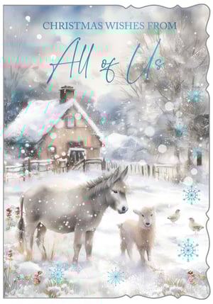 Bring warmth and charm to your Christmas card selection with our 'From All Of Us' design. This delightful card captures the serene beauty of a snowy winter scene, featuring a cosy cottage nestled amongst frosted trees. In the foreground, a gentle donkey and a sweet lamb stand peacefully in the snow, evoking a sense of traditional Christmas spirit and warmth. Adorned with delicate snowflakes and the heartfelt message 'Christmas Wishes From All Of Us', this card is perfect for sending greetings from families, groups, or even small businesses. Supplied by Out of The Blue Studios Ltd. in a convenient pack of 6, it's a truly lovely choice for the festive season.