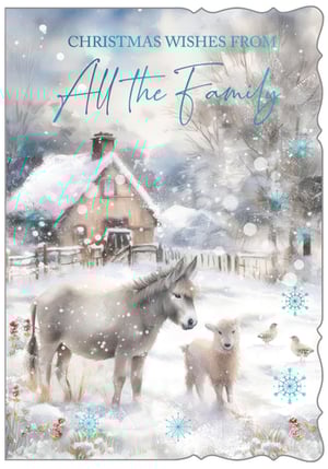 Send heartwarming wishes this festive season with our 'From All The Family' Christmas card. This charming design captures the magic of a winter wonderland, featuring a cosy snow-covered cottage nestled amongst frosted trees. In the foreground, a gentle donkey and a sweet lamb stand peacefully in the snow, surrounded by delicate snowflakes and hints of festive red berries. It’s the perfect way to convey warm greetings from everyone. Supplied by Out of The Blue Studios Ltd., these beautiful cards come in a convenient pack of 6, ready to spread joy and festive cheer to all your loved ones.
