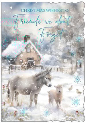 Send the warmest Christmas wishes with our delightful 'Friends We Don't Forget' card. This charming design from Out of The Blue Studios Ltd. captures a serene winter scene, featuring a cosy, snow-covered cottage nestled amongst frosted trees. In the foreground, an adorable donkey and a fluffy lamb stand peacefully in the falling snow, creating a truly heartwarming image. Subtle blue snowflakes add a touch of festive sparkle. It's the perfect card to remind those special friends that they are always in your thoughts during the festive season. Each pack contains six of these beautifully illustrated cards, ready to bring joy and a sense of nostalgic calm to your customers.