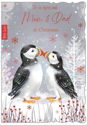 Offer your customers a truly heartwarming choice this festive season with our 'Mum & Dad' Christmas card, proudly supplied by Out of The Blue Studios Ltd. This enchanting design features two adorable puffins, bills almost touching, set against a beautiful snowy backdrop adorned with delicate snowflakes and winter berries. The loving message, "To a special Mum & Dad at Christmas," is elegantly presented in festive red script, making it the perfect way to convey affection. Each wholesale pack contains 6 of these charming cards, ready to add a touch of warmth and joy to any Christmas display. A delightful option for those looking to send a special message to their parents.