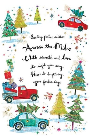 Send heartfelt festive cheer across any distance with our charming 'Across The Miles' Christmas card from Paper Rose. This delightful design captures the spirit of the season with whimsical illustrations of festive cars and trucks, laden with Christmas trees and gifts, navigating a snowy, star-filled landscape.

The beautiful message, "Sending festive wishes Across the Miles With warmth and love to light your way Here's to brightening your festive days," makes it the perfect choice for customers wanting to connect with loved ones far away. Stock up on this popular design, available in a convenient pack of 6, and help your customers share warmth and joy this Christmas.