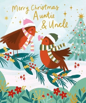 Delight your customers with this charming 'Auntie & Uncle' Christmas card, brought to you by Paper Rose. This heartwarming design features two adorable robins, snugly dressed in festive hats and scarves, perched on a berry-laden holly branch against a snowy, sparkling backdrop. The golden 'Merry Christmas Auntie & Uncle' message adds a touch of elegance, complemented by a twinkling Christmas tree. It's the perfect way for customers to send love and festive cheer to those special family members. Available in a convenient pack of 6, these cards are a wonderful addition to any seasonal display.