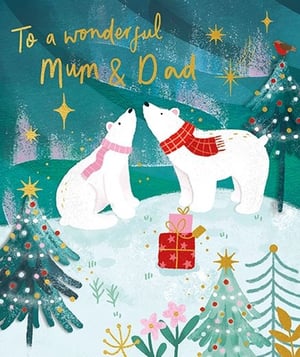 This heartwarming Christmas card, "Mum & Dad," from Paper Rose is perfect for celebrating wonderful parents. The charming design features two adorable polar bears, wrapped in cosy scarves, gazing up at a magical, star-filled winter sky. Decorated Christmas trees, sparkling gold accents, and a little robin complete this delightful snowy scene. The heartfelt message "To a wonderful Mum & Dad" is beautifully scripted in shimmering gold. A truly special card for a beloved couple, ideal for retailers seeking high-quality, festive greetings. Each pack contains 6 cards, ready to bring warmth and joy to your customers this festive season.