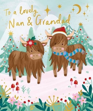 Offer your customers a truly heartwarming choice this festive season with our "Nan & Grandad" Christmas card from Paper Rose. This delightful design features two adorable Highland cows, one wearing a festive holly sprig and the other a cosy Santa hat and striped scarf, set against a charming winter wonderland. Snow-dusted trees, sparkling gold stars, and a gentle colour palette create a whimsical and inviting scene. The hand-lettered style message "To a lovely Nan & Grandad" makes it a perfect pick for sending warm wishes to beloved grandparents. Stock up with our convenient 1x6 pack size and bring a touch of Scottish charm to your Christmas card selection.