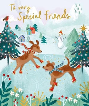 Introduce the "Friends" card from Paper Rose, a truly heartwarming choice for the festive season. This delightful design captures the joy of winter with two adorable dogs, sporting festive scarves and ice skates, gracefully gliding across a frozen pond. The charming scene is set against a snowy landscape, complete with decorated Christmas trees, a cheerful snowman, and quaint village houses, all under the watchful eye of a little robin. Perfect for sending warm wishes "To very Special Friends," this card beautifully conveys the spirit of companionship. Available in a convenient pack of 6, it's an essential addition to your Christmas card collection.