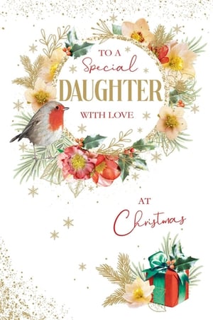 Celebrate your daughter this Christmas with this exquisite card from Paper Rose. Adorned with a charming robin nestled within a beautiful festive wreath, this design features delicate hellebores, classic holly, and golden foliage, all enhanced with sparkling accents and snowflakes. The heartfelt message, 'To a Special Daughter With Love At Christmas', is elegantly displayed, making it a truly thoughtful choice. A delightful wrapped gift completes the festive scene. Available in a convenient pack of 6, this premium card is a must-have for retailers seeking to offer a truly special option for their customers this holiday season.
