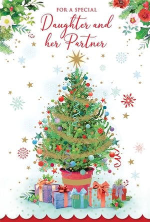 Celebrate the festive season with this lovely Christmas card, thoughtfully designed for a Daughter and her Partner. From Paper Rose, this charming card showcases a beautifully decorated Christmas tree, adorned with colourful baubles and sparkling tinsel, surrounded by a pile of elegantly wrapped gifts. The heartfelt message, 'FOR A SPECIAL Daughter and her Partner', is presented in an elegant script, perfectly complementing the delightful watercolour illustrations of festive foliage, snowflakes, and stars. This card offers a truly special way for customers to convey their love and best wishes. Available in a convenient pack size of 1x6, it's a wonderful addition to your Christmas card collection.