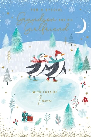 Delight your customers with this adorable 'Grandson & Girlfriend' Christmas card from Paper Rose. Featuring a heartwarming winter wonderland scene, two charming penguins glide gracefully across a frozen pond, adorned in festive hats and scarves. The beautiful artwork, complete with sparkling snow, twinkling stars, and festive foliage, perfectly captures the magic of the season. With a sweet message 'FOR A SPECIAL Grandson AND HIS Girlfriend' and 'WITH LOTS OF Love', this card is the perfect way to send warm wishes. Stock up on this delightful design, available in a convenient pack of 6, and help your customers share their love this Christmas.