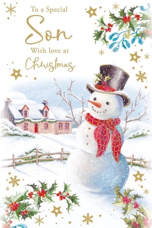 Help your customers send warm festive wishes with this delightful Christmas card for a special Son. Featuring a charming snowman in a classic top hat and red scarf, the design captures a picturesque snowy scene with a cosy cottage nestled in the background. Traditional holly, golden stars, and delicate snowflakes beautifully frame the heartfelt message: 'To a Special Son With love at Christmas'. This card offers a truly warm and personal way to celebrate the season. Supplied by Paper Rose, each pack contains 6 cards, making them a perfect addition to your seasonal greeting card selection. A wonderful choice for sons this Christmas.