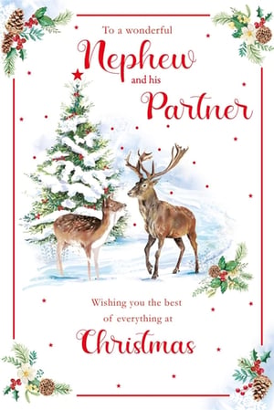 Send warm festive wishes to your wonderful Nephew and his Partner this Christmas with this charming card from Paper Rose. This beautiful design features a serene winter wonderland, complete with a majestic stag and a graceful doe standing by a snow-covered Christmas tree. Delicate festive borders of holly, pinecones, and mistletoe add a traditional touch, while scattered red stars enhance the holiday spirit. The inside message wishes them "the best of everything at Christmas," making it a truly special way to connect. Perfect for showing your love and appreciation during the festive season, these high-quality cards are supplied in a convenient pack of 6.