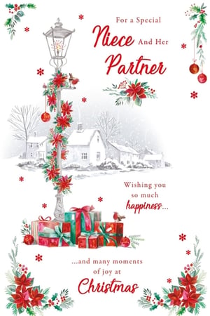 Send warm Christmas wishes to a special Niece and Her Partner with this enchanting Christmas card from Paper Rose. The beautiful design features a picturesque snowy village scene, complete with a festive lamppost adorned with vibrant poinsettias and classic red baubles. A charming robin perches amongst a pile of colourful gifts, adding a touch of winter wonder.

The heartfelt message inside wishes them "so much happiness... and many moments of joy at Christmas," perfectly capturing the spirit of the season. With its traditional red and green accents and delightful imagery, this card is sure to bring a smile. Available in a convenient pack of 6, ensuring you're well-stocked for the festive period.