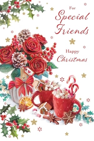 Share the warmth of the season with our lovely "Friends" Christmas cards, proudly brought to you by Paper Rose. This enchanting design captures the essence of festive cheer, showcasing a beautiful bouquet of rich red roses, berries, and pinecones. Below, two inviting mugs overflow with hot chocolate, marshmallows, and candy canes, surrounded by delightful gingerbread houses and aromatic spices. Adorned with classic holly and shimmering snowflakes, it's the perfect card to convey heartfelt wishes to those special friends this Christmas. Available in a convenient pack of 6.