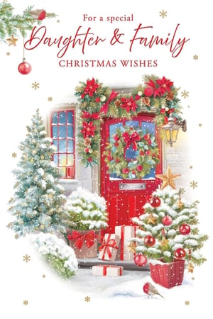Send heartfelt Christmas wishes to a special Daughter & Family with this enchanting card from Paper Rose. The delightful design captures a magical festive scene, featuring a beautifully decorated red doorway adorned with a lush wreath and garland. Snow-dusted Christmas trees, carefully wrapped presents, and a charming robin create a truly traditional and heartwarming winter wonderland. Golden snowflakes gently fall, adding to the serene beauty. With its elegant script conveying 'Christmas Wishes', this card is perfect for expressing love and joy during the holiday season. Available in convenient packs of six, it's a wonderful addition to your festive card selection.