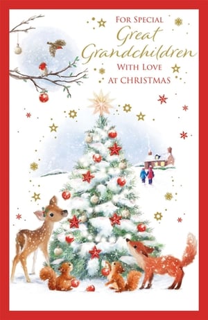 Send your warmest Christmas wishes to your Great Grandchildren with this enchanting card from Paper Rose. Featuring a delightful snowy scene, a beautifully decorated Christmas tree takes centre stage, surrounded by adorable woodland creatures including a gentle deer, a curious fox, and playful squirrels. Robins perch on a festive branch, adding to the charm. The card's heartfelt message, "FOR SPECIAL Great Grandchildren WITH LOVE AT CHRISTMAS," is perfect for sharing joy this festive season. Each pack contains 6 identical cards, ready to spread cheer. This charming design captures the magic of a traditional Christmas, making it an ideal choice for your special Great Grandchildren.