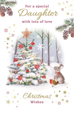Send heartfelt Christmas wishes to a special daughter with this charming card from Paper Rose. Featuring a beautifully decorated, snow-dusted Christmas tree, complete with twinkling lights and festive red and gold ornaments, it captures the magic of the season. An adorable rabbit with a red bow and a friendly robin add a touch of warmth to the snowy woodland scene. The card reads "For a special Daughter with lots of love" and "Christmas Wishes," making it perfect for expressing affection. Available in a convenient pack of 6, this high-quality card is ideal for retailers looking to offer a truly lovely option for their customers.