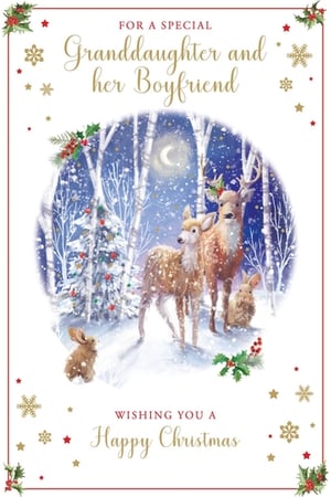 Celebrate the festive season with this beautiful Christmas card, specially designed for a Granddaughter and her Boyfriend. Featuring a charming winter wonderland scene, the card showcases graceful deer and playful rabbits amidst snow-dusted trees under a soft crescent moon. Delicate snowflakes and festive holly accents frame the heartfelt message, 'Wishing you a Happy Christmas'. This enchanting card is a wonderful way to send warm wishes and let a special couple know you're thinking of them during the holidays.