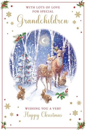 Offer your customers the perfect way to send festive love to their little ones with this charming 'Grandchildren' Christmas card from Paper Rose. This delightful design showcases a serene winter wonderland, featuring a gentle stag, a sweet fawn, and playful bunnies nestled amongst snowy birch trees and a beautifully decorated Christmas tree under a crescent moon.

The card's heartwarming illustration, adorned with delicate holly, snowflakes, and stars, beautifully conveys the magic of Christmas. With the loving message "WITH LOTS OF LOVE FOR SPECIAL Grandchildren" and "WISHING YOU A VERY Happy Christmas," it’s an ideal choice for grandparents. Each pack contains 6 cards, ready to bring joy to families this festive season.