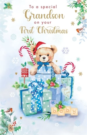 Mark a truly special milestone with our delightful Grandsons 1st Xmas card, proudly brought to you by Paper Rose. This heartwarming design captures the magic of a baby's first Christmas, featuring an adorable teddy bear in a Santa hat, surrounded by beautifully wrapped blue and green gifts. Festive candy canes, delicate snowflakes, and charming robins complete the enchanting scene, while 'baby' blocks add a sweet touch. Perfect for celebrating a precious grandson, this card is designed to become a cherished keepsake. Offer your customers this wonderful card, available in a convenient pack of 6, ensuring you're stocked for this joyous occasion.