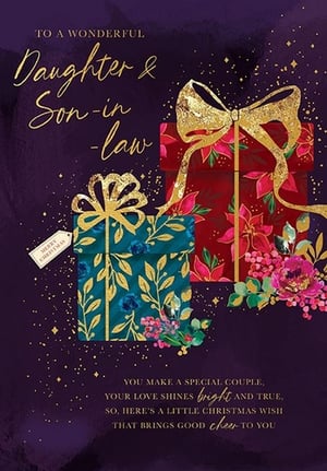 Make their Christmas truly special with this beautiful Daughter & Son In Law card from Paper Rose. This elegant design features a rich, deep purple background, shimmering with golden accents and festive gift boxes. Adorned with intricate gold bows and delicate floral illustrations, it perfectly captures the joy of the season. The heartfelt message inside reads: 'YOU MAKE A SPECIAL COUPLE, YOUR LOVE SHINES bright AND TRUE, SO, HERE'S A LITTLE CHRISTMAS WISH THAT BRINGS GOOD cheer TO YOU'. A wonderful way to show your love and appreciation. Supplied in a handy pack of 6, ready for your customers to share.