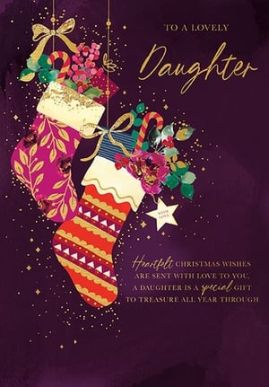 Make her Christmas truly special with this beautiful Daughter Christmas card from Paper Rose. Adorned with rich purple hues, sparkling gold details, and charming festive stockings brimming with gifts and foliage, it's designed to delight. The elegant script and heartfelt message convey that a daughter is a special gift to treasure all year through. This card is perfect for expressing your love and appreciation during the festive season. Available in packs of six.