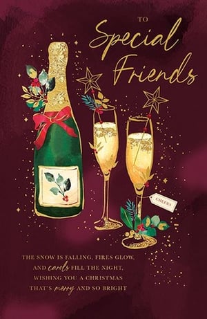 Celebrate cherished connections this Christmas with the 'Friends' card from Paper Rose. This beautifully designed card features a sparkling champagne bottle and two elegant flutes, adorned with festive foliage and golden stars, all set against a rich, watercolour-style burgundy background.
The warm, inviting artwork perfectly complements the heartfelt message: "Wishing you a Christmas that's merry and so bright." A charming 'Cheers' tag adds a delightful touch. Ideal for sending warm wishes to those special people, this card captures the spirit of festive friendship. Available in convenient packs of 6 for your retail needs.