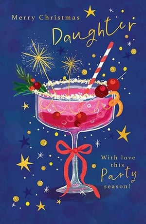 Make her Christmas extra special with this delightful 'Daughter' card from Paper Rose. Featuring a vibrant, festive cocktail complete with sparkling garnishes, a candy cane straw, and a charming red bow, it's the perfect way to send love this party season. The rich blue background, adorned with glittering stars and dots, adds a touch of celebratory magic. This beautiful card is designed to bring a smile to your daughter's face, wishing her a Merry Christmas filled with joy. Available in convenient packs of six, it's ideal for retailers looking for eye-catching and heartfelt Christmas greetings.