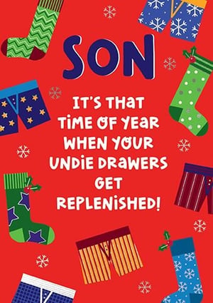 Add a touch of festive humour to your card display with our 'Son' Christmas card from Paper Rose. This wonderfully witty design features a vibrant red background adorned with playful snowflakes, alongside an array of festive socks and underwear, complete with charming holly details.
The card's message, "SON IT'S THAT TIME OF YEAR WHEN YOUR UNDIE DRAWERS GET REPLENISHED!", is sure to resonate with parents and bring a smile to any son's face. It's the perfect choice for customers looking for a light-hearted and relatable card for their loved one this holiday season. Available in a convenient 1x6 pack, this card is a must-have for your Christmas collection.