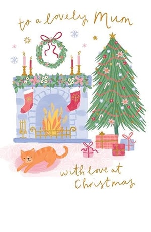 Send your Mum the warmest festive wishes with this delightful Christmas card from Paper Rose. Featuring a charming, cosy scene, it depicts a beautifully decorated Christmas tree laden with candy canes and stars, alongside a crackling fireplace with stockings hung with care. A contented ginger cat stretches out on a rug, adding to the heartwarming atmosphere. Adorned with the sweet message 'to a lovely Mum with love at Christmas', this card is the perfect way to show your appreciation during the most wonderful time of the year. A truly special design she'll adore.
