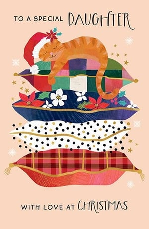 Make your daughter's Christmas extra special with this enchanting card from Paper Rose. Featuring an utterly adorable ginger cat, peacefully snoozing in a festive Santa hat atop a stack of beautifully patterned cushions, this design radiates warmth and holiday cheer. The charming illustration is complemented by heartfelt messages: 'To a Special Daughter' and 'With Love at Christmas'. Perfect for conveying your deepest affection during the festive season. Stock up on these delightful cards, available in convenient packs of six, and add a touch of sweet charm to your Christmas collection.